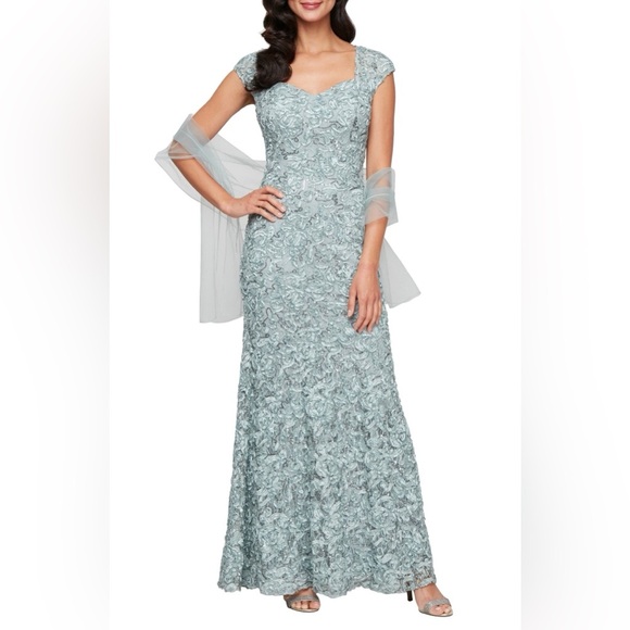 Soutache Sequin Lace A-Line Gown with Wrap - Picture 1 of 10